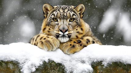 Fototapeta premium Majestic snow leopard relaxing in winter landscape