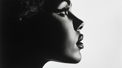 Dramatic black and white portrait highlighting the contours of a woman's face with striking shadows