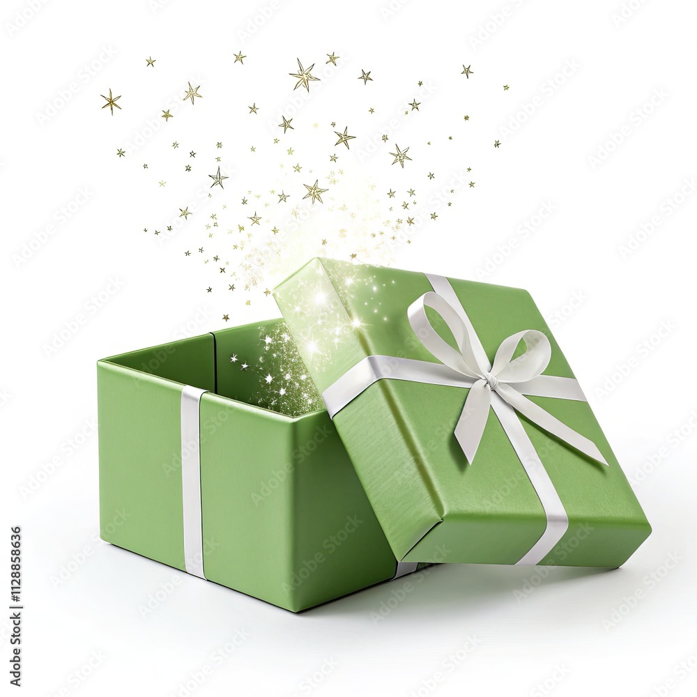 Poster beautiful open green festive box with flying glitter and sparkles on a white background.