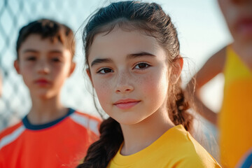 closeup face shot of A group of three young latino girls and boys with black hair and fair skin, playing sports