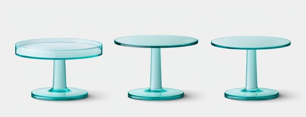 Isolated modern 3d glass cake plate. Graphic set of empty pie displays on a table. Elegant cupcake stand.