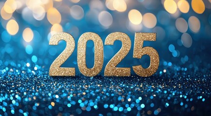Golden glitter numbers 2025 standing on a sparkling blue background with bokeh effect lights, perfect for new year's eve celebration