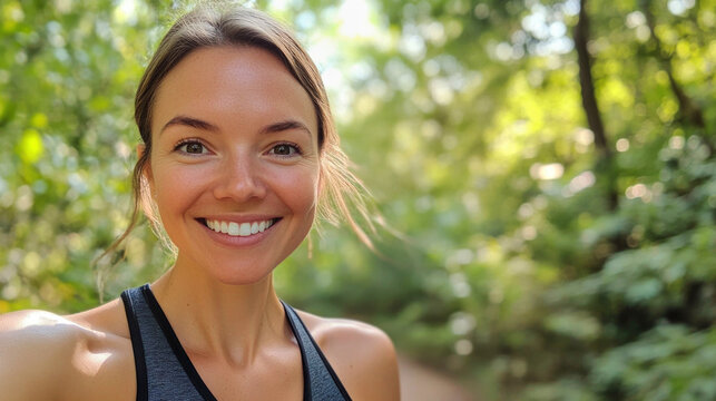 Smiling woman enjoying nature in casual sporty attire while taking a selfie outdoors