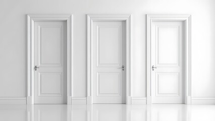 Three white closed doors lined up against a plain wall in a minimalist interior setting, showcasing simple design and elegance.
