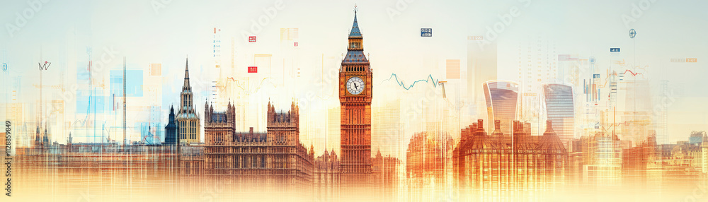 Poster a digitally enhanced skyline featuring big ben and london architecture, overlaid with abstract graph