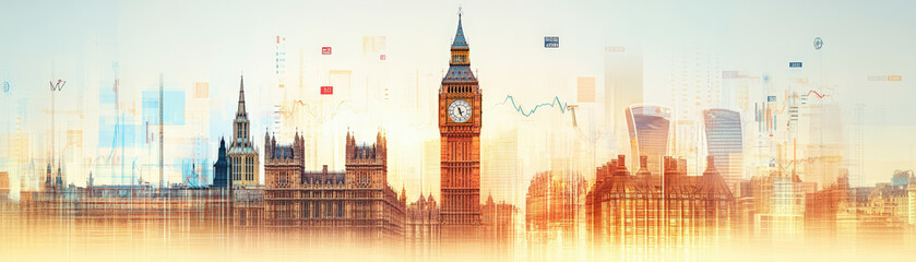 A digitally enhanced skyline featuring Big Ben and London architecture, overlaid with abstract...