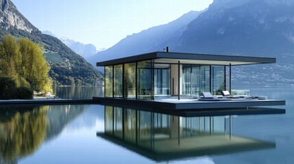 Fototapeta premium Modern Minimalist House on Water with Stunning Mountain View