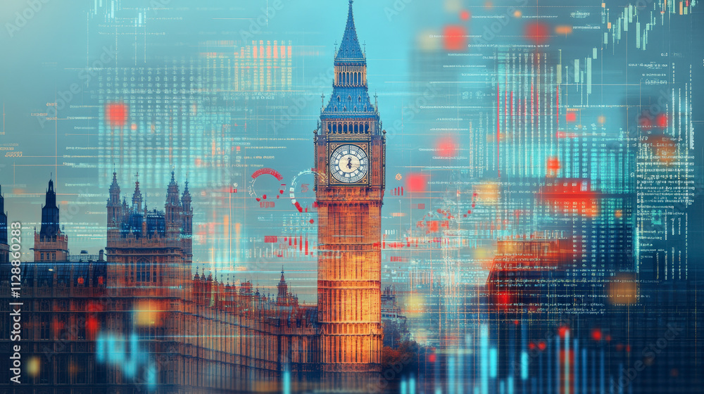 Poster big ben surrounded by digital data overlays, symbolizing the fusion of london?s iconic architecture 