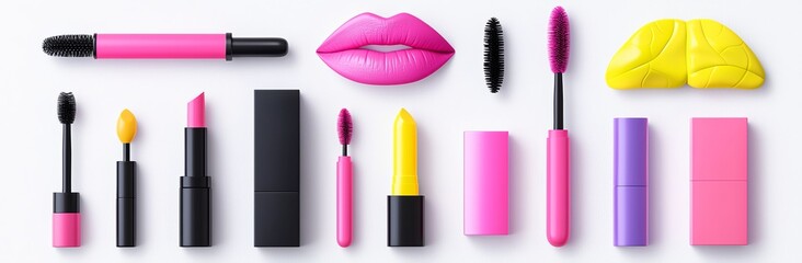 Obraz premium This is a set of png images of lipstick, face skincare cream, brushes and foundation. The morning female facial hygiene graphic is personal rendered.