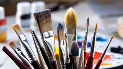 Paint brushes variety on table Painting brushes set collection background
