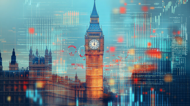 Big Ben surrounded by digital data overlays, symbolizing the fusion of London?s iconic architecture with modern technology and data analysis concepts.