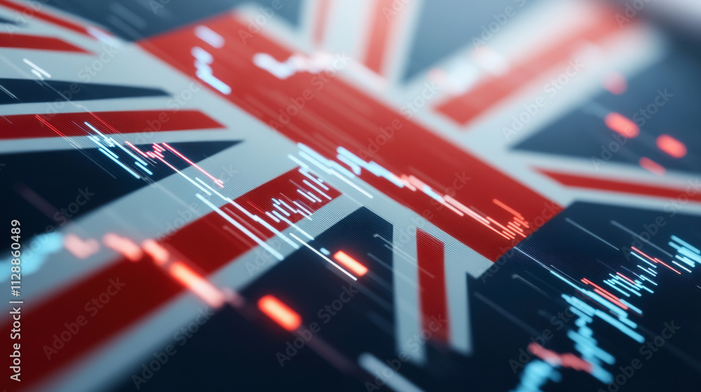 Poster the image depicts a digital representation of the uk flag overlaid with data charts and graphs, symb