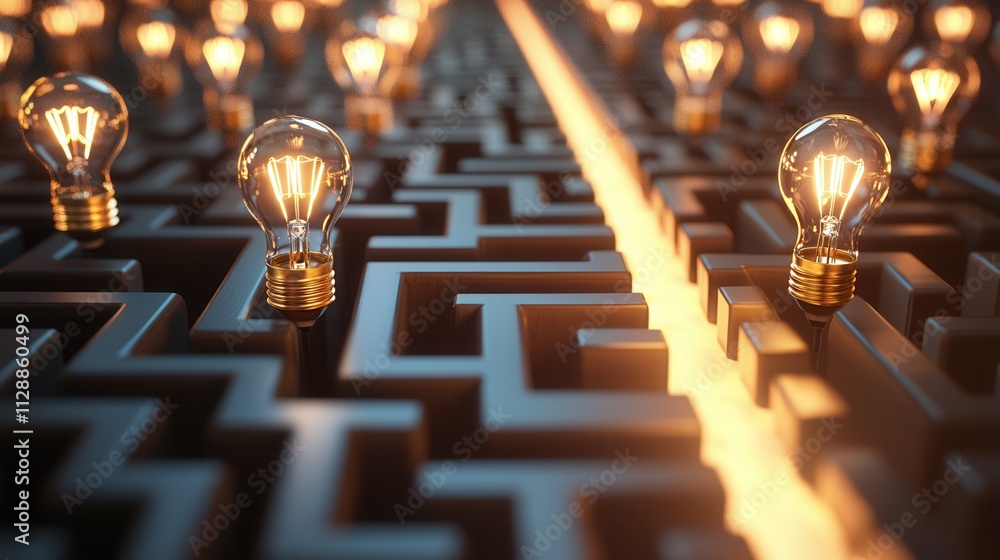 Poster a maze made of dark pathways features glowing light bulbs, symbolizing ideas navigating through comp