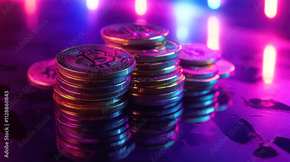 Poster stacked bitcoin coins with neon lights reflections in background