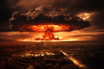 An intense depiction of a nuclear explosion with a massive mushroom cloud rising into the sky. The image highlights the destructive power of nuclear war, with a subtle backdrop hinting