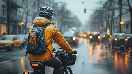 Cyclist riding bicycle in snowy city street during rush hour traffic.