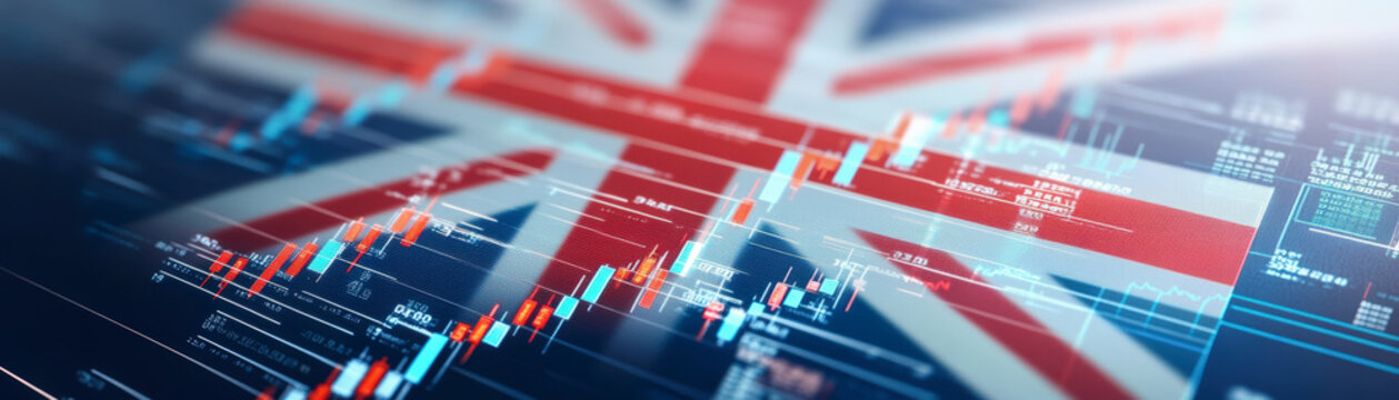 United Kingdom flag superimposed with stock market graphs and data, symbolizing financial trends and economic analysis in the UK.