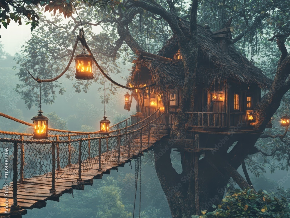 Poster enchanted treehouse with lanterns in mystical forest setting