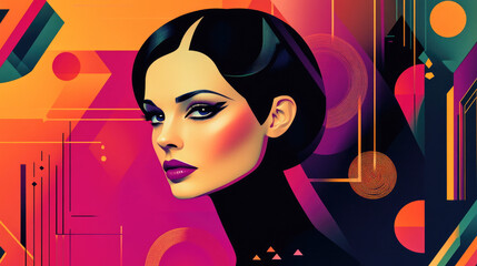 Elegant portrait of a woman in Art Deco style with geometric backdrop