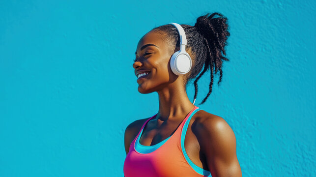 Smiling woman in sporty outfit ready for workout against vibrant blue background