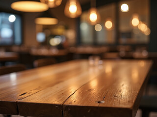 Wooden table top with blurred restaurant background