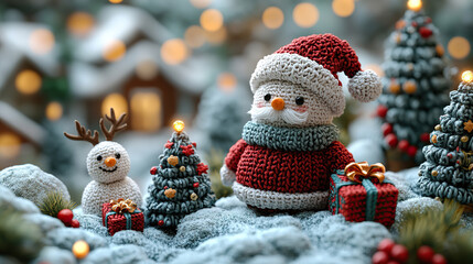Miniature Landscape Of Christmas Scene Snowy. Warm Ambience. 