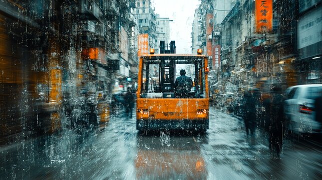 Forklift delivering components right to assembly line copy space ontime delivery surreal Double exposure with factory backdrop