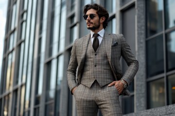 Stylish man in modern suit poses confidently near contemporary office building