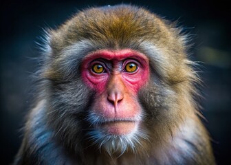 Fototapeta premium Close-Up Portrait of a Japanese Macaque with Intense Eyes Captured in Low-Light Conditions, Showcasing Natural Beauty and Intriguing Expressions