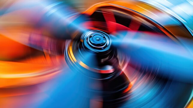 Abstract motion blur of a spinning propeller, vibrant orange and blue colors.