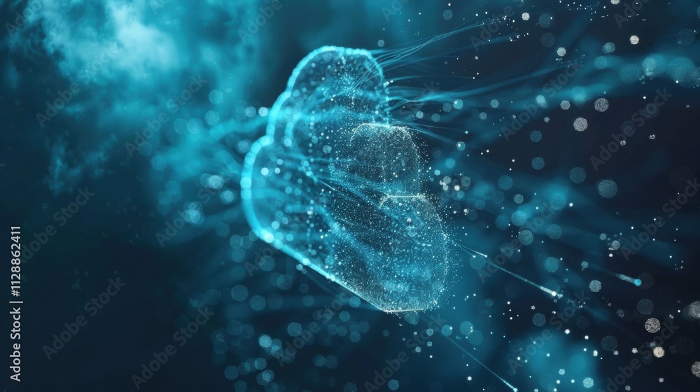 Poster complex network of interconnected nodes forming a glowing digital padlock inside a cloud, symbolizin