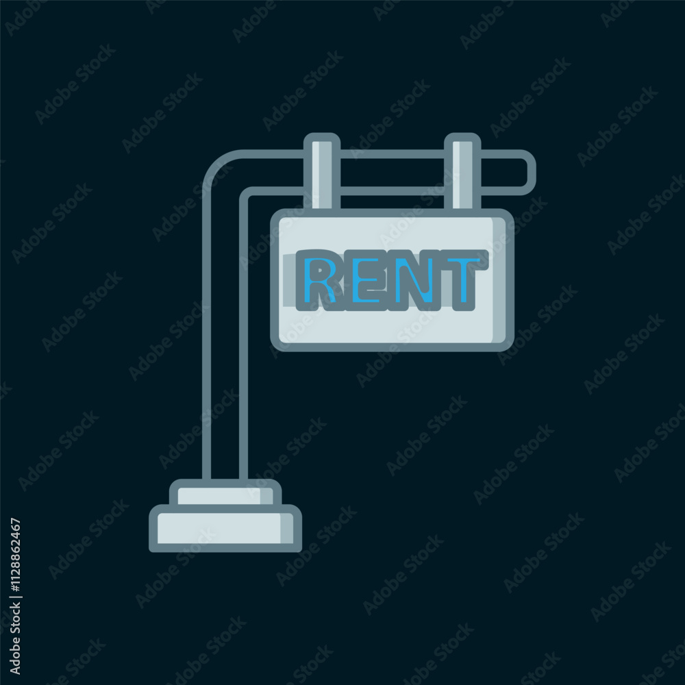 Poster line hanging sign with text rent icon isolated on black background. signboard with text for rent. fl
