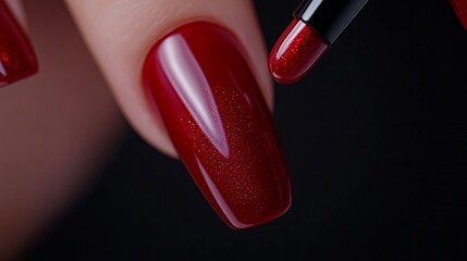 Obraz premium Close-up of elegant red nail polish with glitter accents, showcasing a well-manicured hand against a dark background.