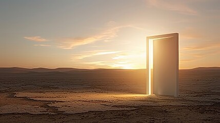a realistic high-definition photograph of a modern sleek metal door standing alone in a vast desert
