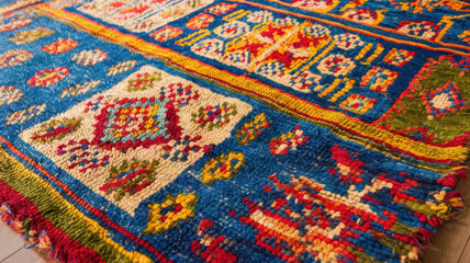 A vibrant handmade rug featuring intricate patterns in blue, red, and yellow hues, showcasing rich cultural craftsmanship and artistry.