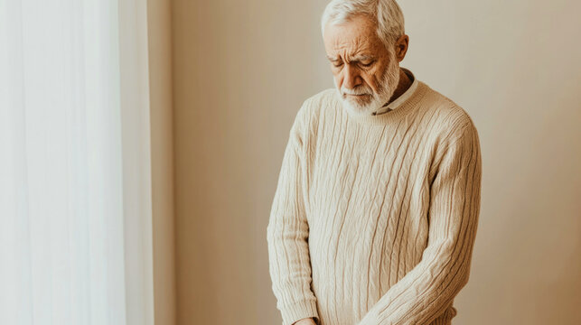 Elderly man in a beige sweater experiencing heartache in a minimalist room - Powered by Adobe