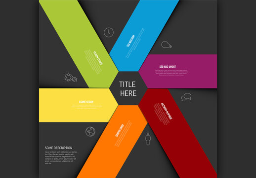 Flower shape infographic template made from six content thick lines on dark background