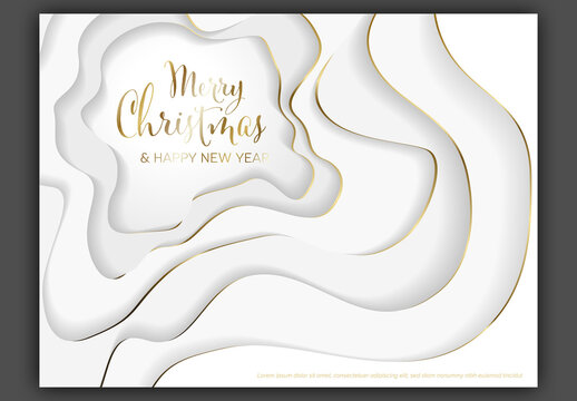 Abstract modern Merry Christmas and Happy New Year card with snowy white deep background with golden accent border