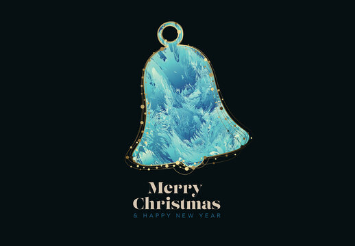 Minimalist dark Christmas flyer/card template with golden christmas bell shape filled with blue abstract illustration