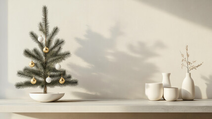Modern minimalist Christmas tree with simple gold and white decorations in a stylish setting