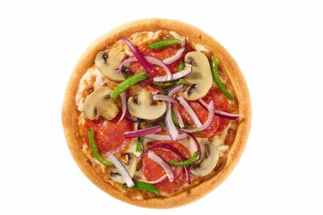 Top-down view of a vegetarian pizza featuring mushrooms, tomatoes, bell peppers, and red onions.
