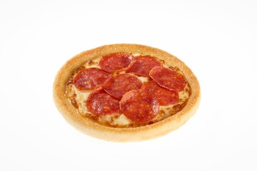Top-down view of a mini pepperoni pizza.