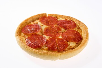 Freshly baked pepperoni pizza with melted cheese and crispy edges, displayed on a white background.