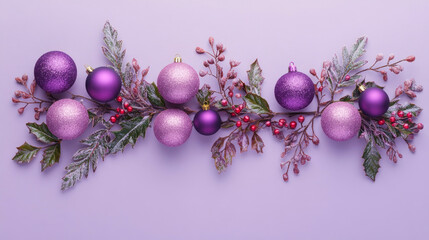 Minimalist flat lay of purple Christmas decorations and holly sprigs on pastel violet backdrop