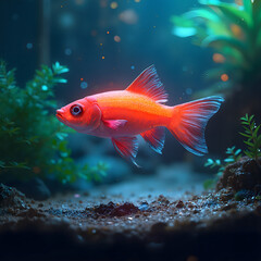 Naklejka premium Vibrant goldfish swimming gracefully in a serene aquarium environment with lush greenery