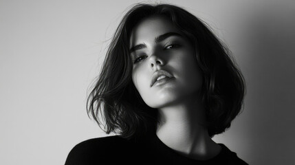 Fototapeta premium Minimalist portrait of a woman with a neutral expression in natural light against a white background