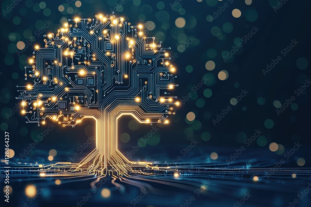 Poster a digital tree made of circuit patterns and glowing lights symbolizes the fusion of nature and techn