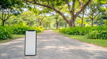 Smartphone on Pathway Surrounded by Lush Greenery and Trees