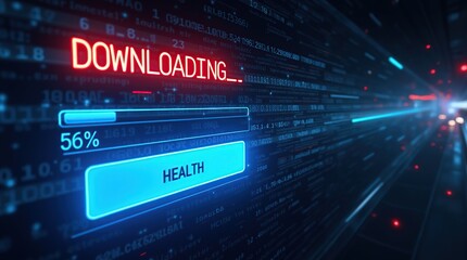 Futuristic Digital Screen with Downloading Message in Red Text