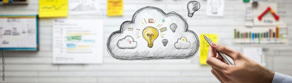 Aufkleber a creative brainstorming scene featuring a hand drawing a light bulb in a cloud, surrounded by color